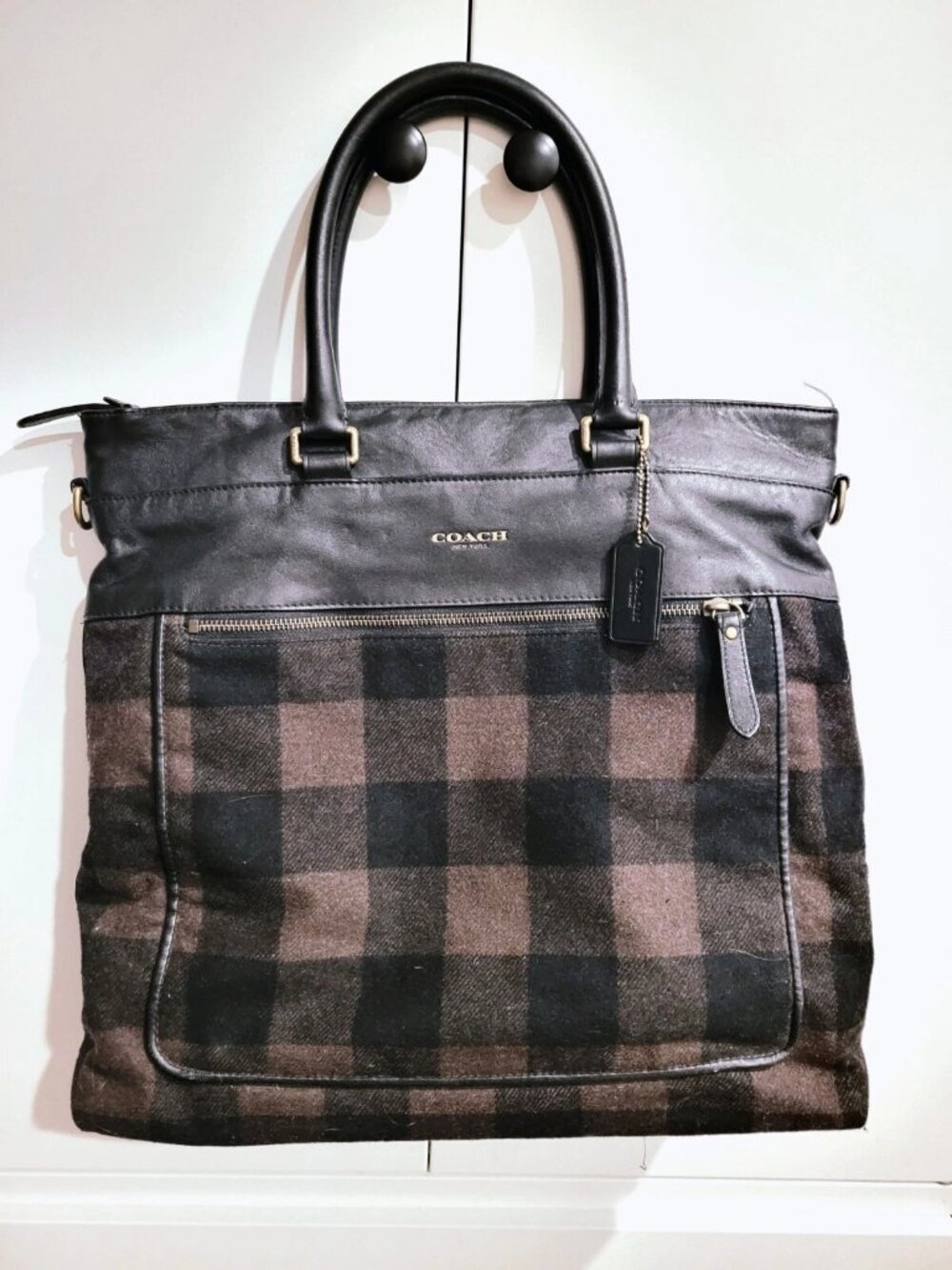 COACH Essex Wool Helmet F71441 Leather Tote Brown Plaid Briefcase Travel Bag